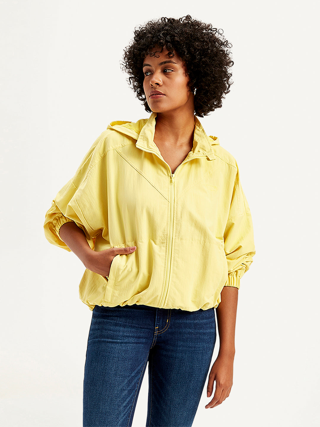 Women's Solid Yellow Hooded Windcheater Jacket - Styleshoot View