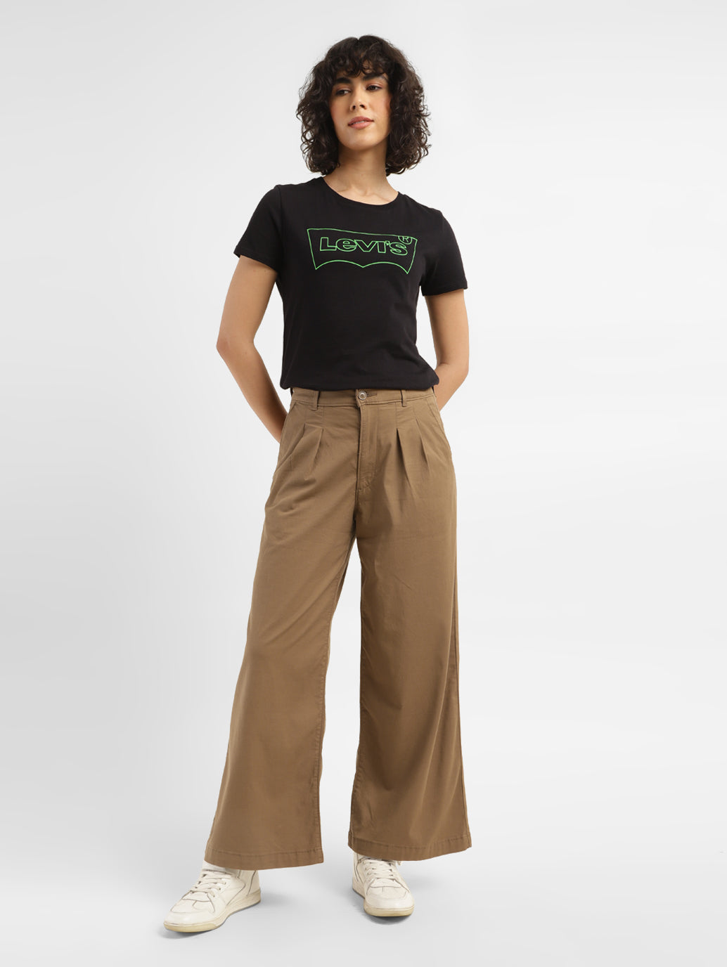 Women's High Rise Tan Wide Leg Trousers - StyleShot View