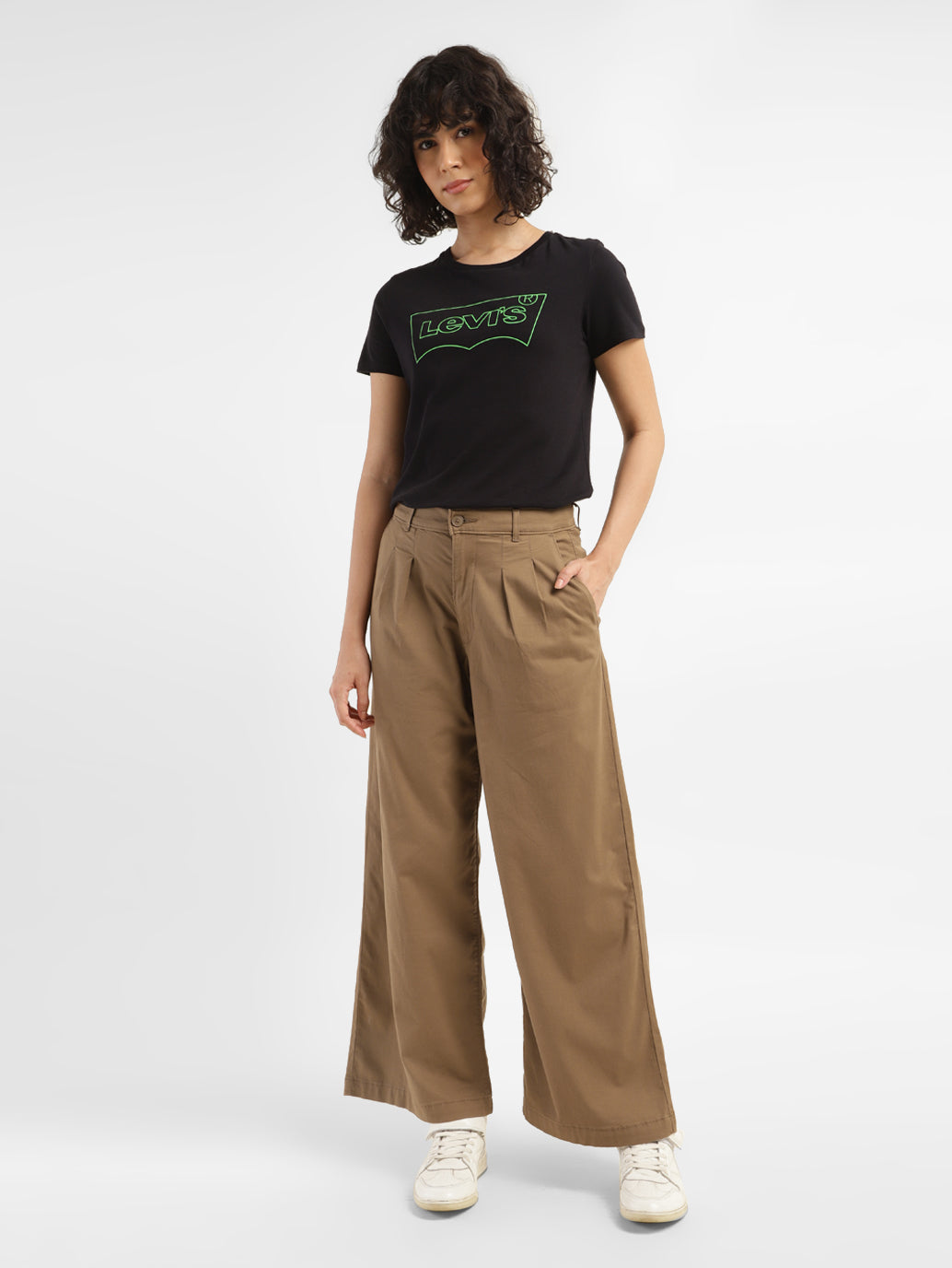Women's High Rise Tan Wide Leg Trousers - ModelFront View
