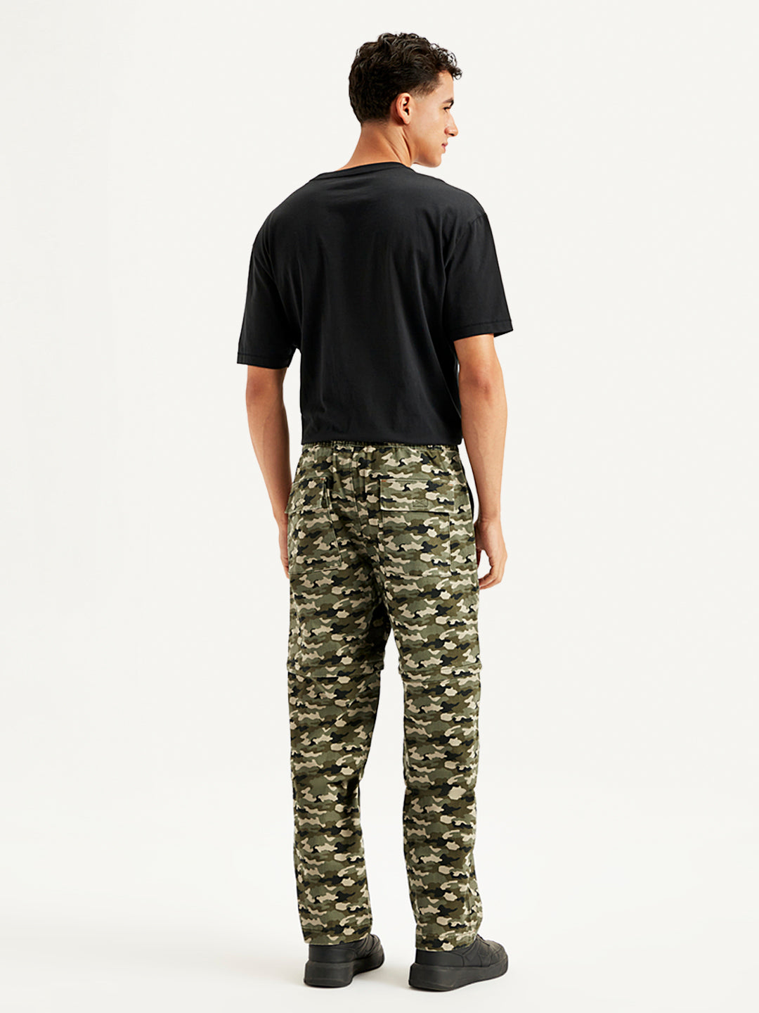 Men's Olive Regular Fit Cargo Trousers - Back View
