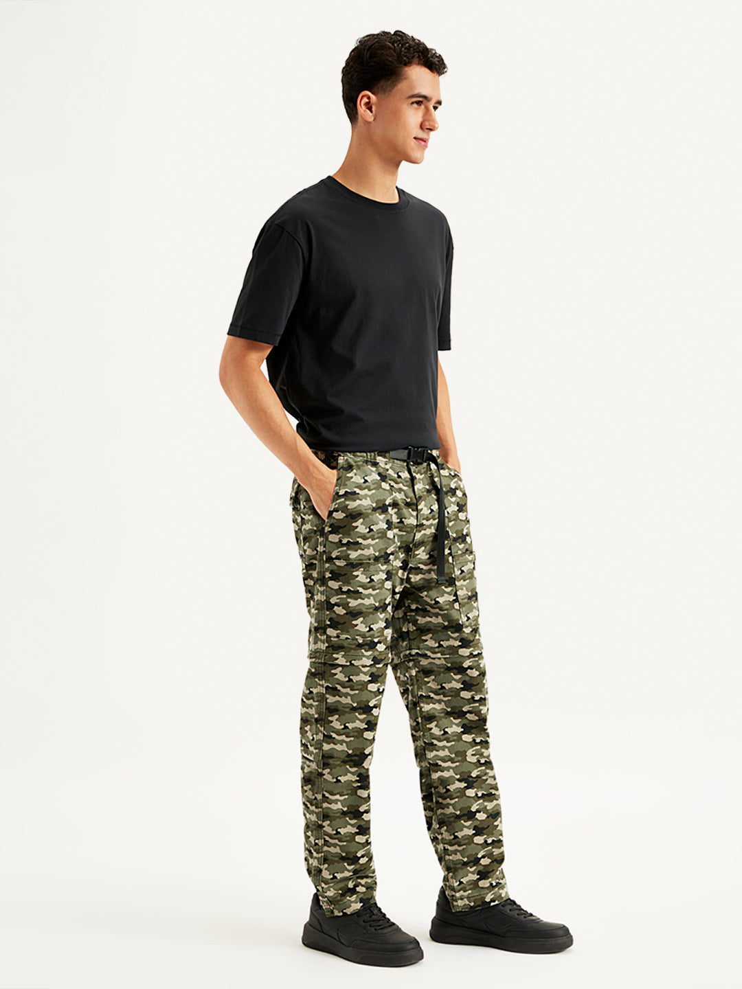 Men's Olive Regular Fit Cargo Trousers - Side View