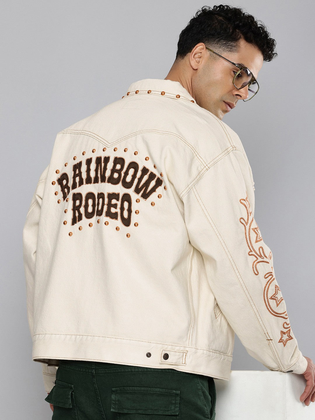 Men's Cotton Typography Embroidered Denim Jacket - Back View