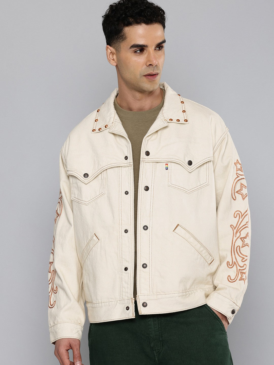 Men's Cotton Typography Embroidered Denim Jacket - Front View