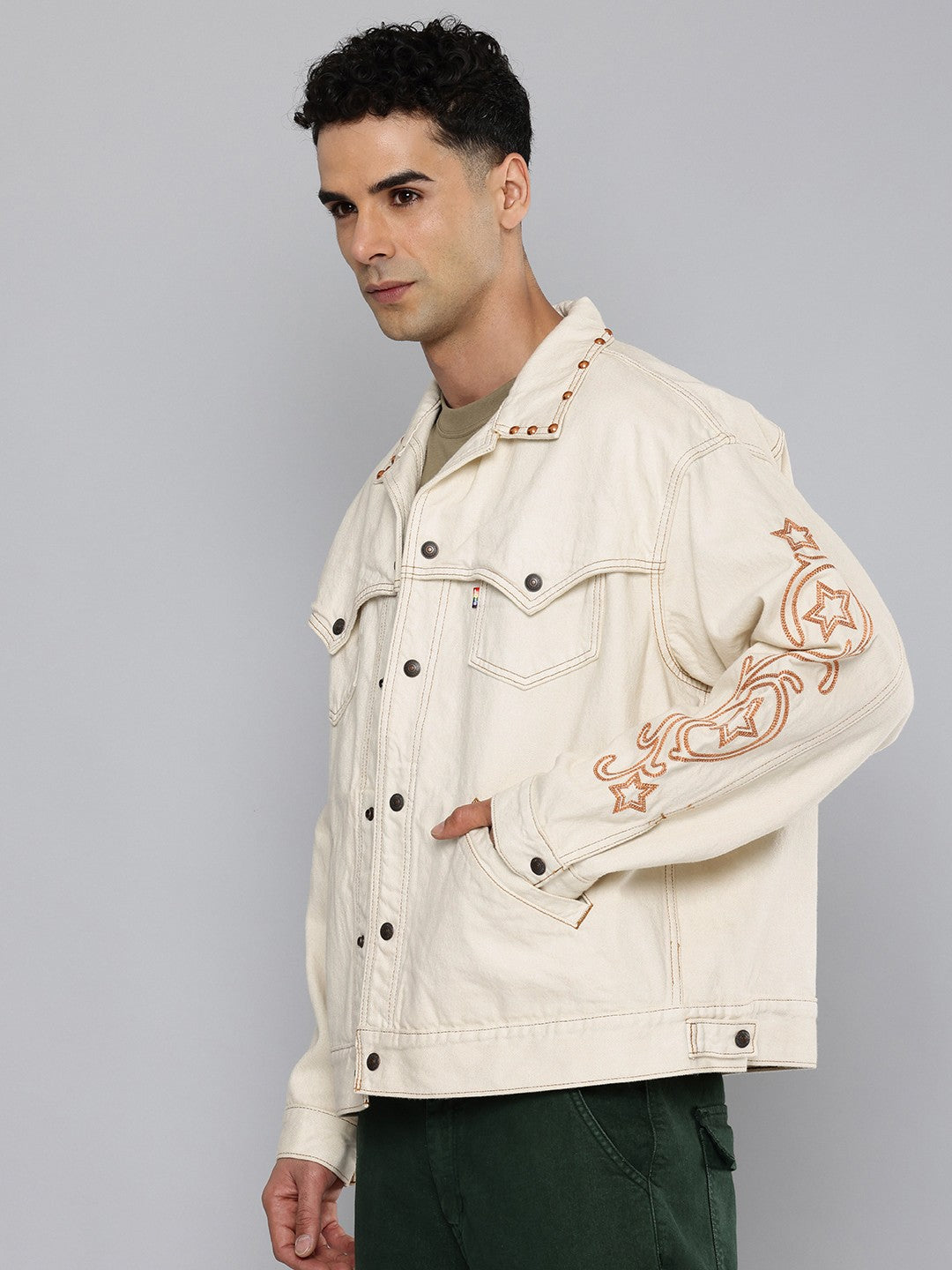 Men's Cotton Typography Embroidered Denim Jacket - side View