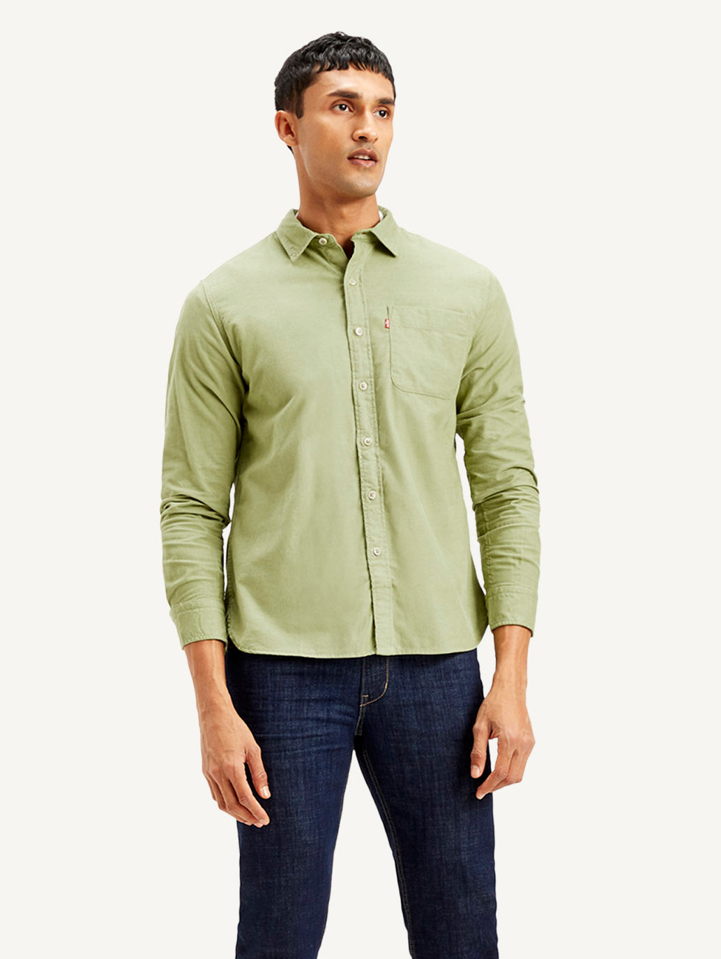 Men's Solid Slim Fit Corduroy Shirt - Front View