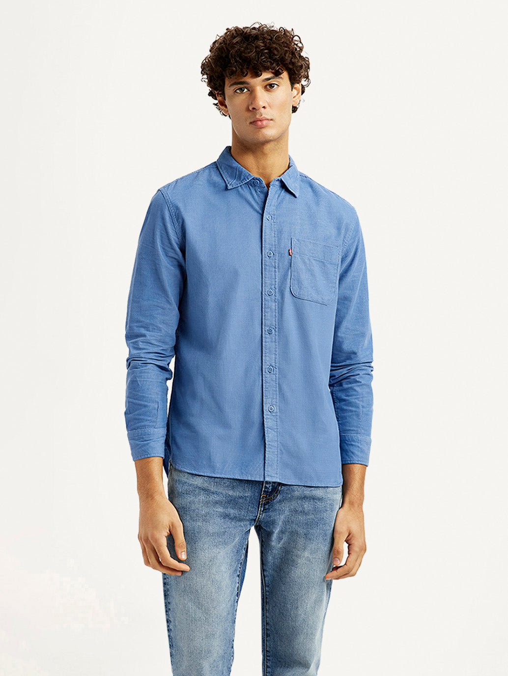 Men's Corduroy Solid Blue Slim Fit Shirt - Front View