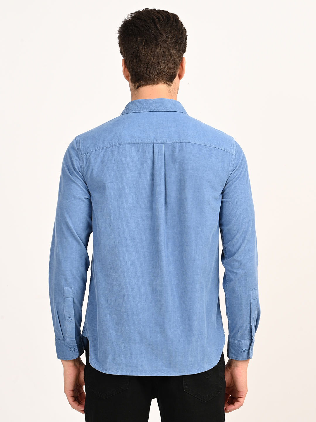 Men's Corduroy Solid Blue Slim Fit Shirt - back View