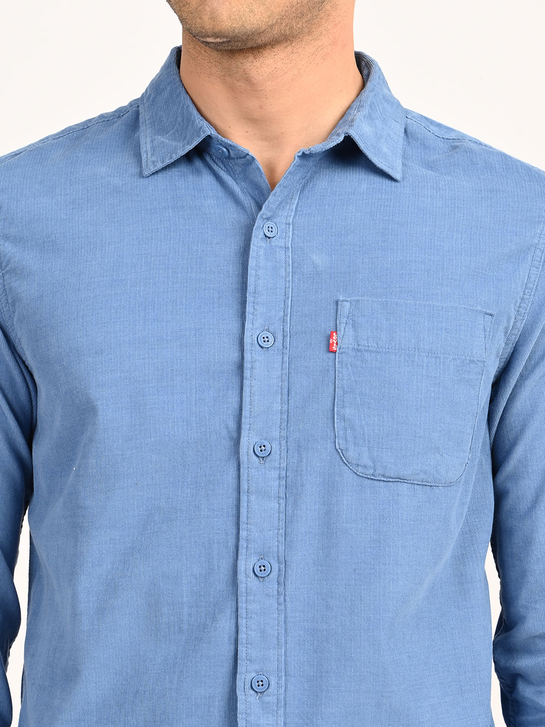 Men's Corduroy Solid Blue Slim Fit Shirt - detail View
