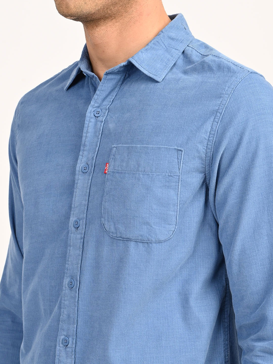 Men's Corduroy Solid Blue Slim Fit Shirt - detail View