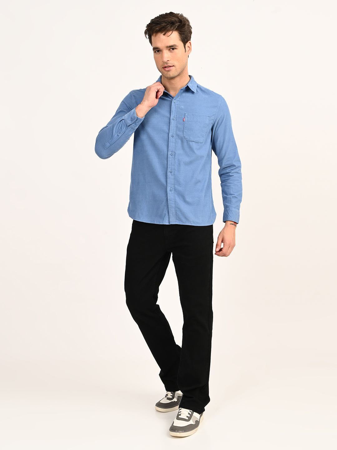 Men's Corduroy Solid Blue Slim Fit Shirt - 6 View