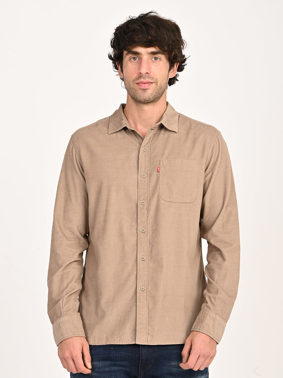 Men's Corduroy Solid Beige Slim Fit Shirt