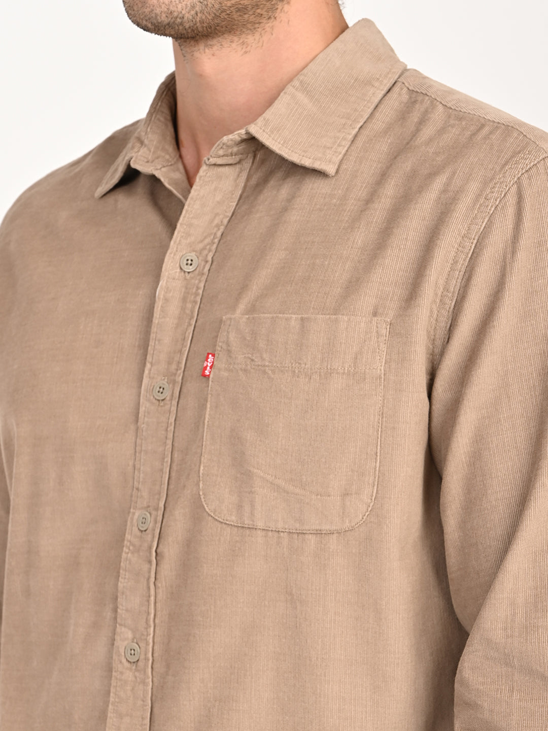 Men's Corduroy Solid Beige Slim Fit Shirt - details View