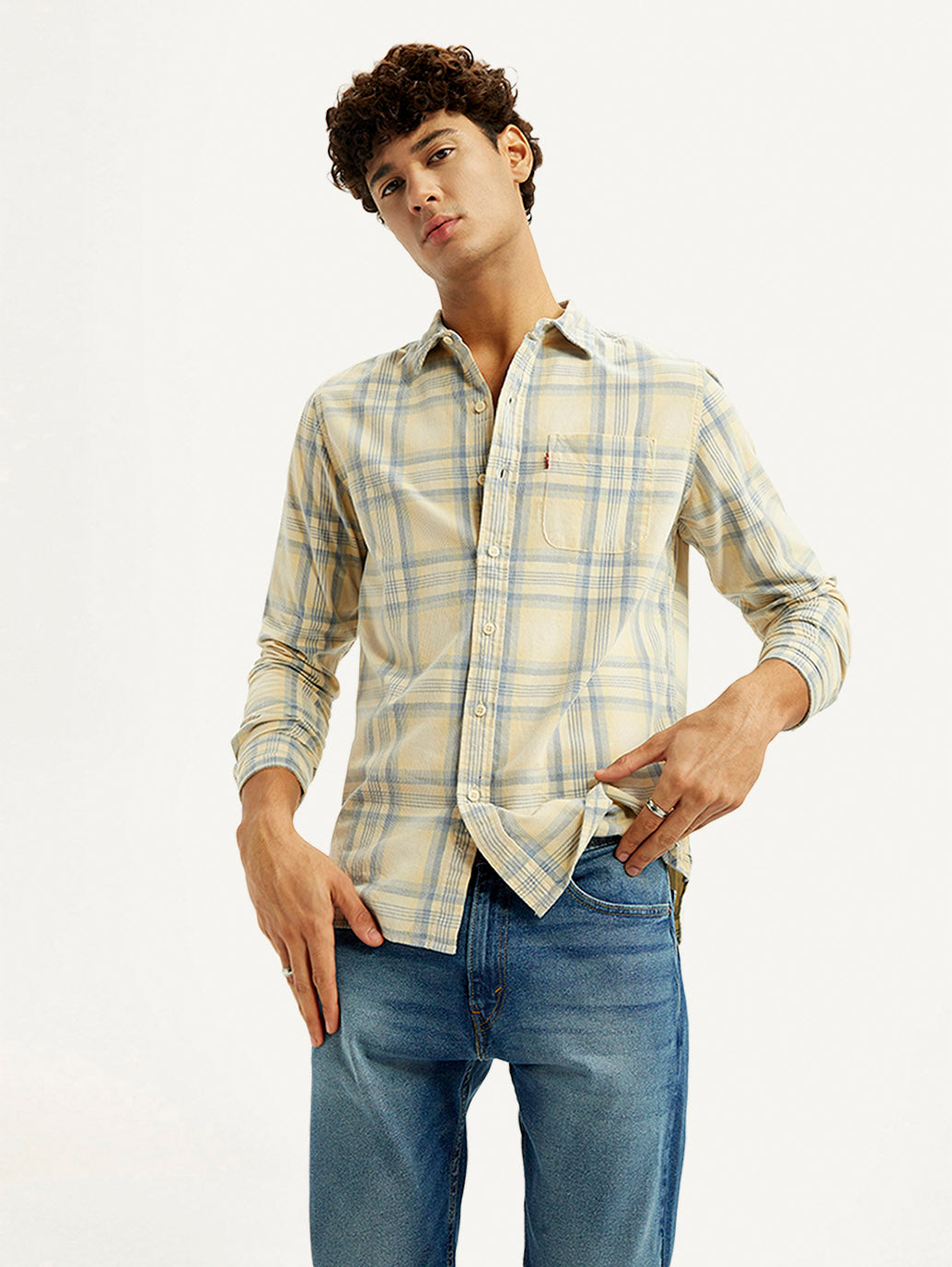 Men's Checkered Light Yellow Slim Fit Corduroy Shirt - 20 View