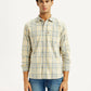 Men's Checkered Light Yellow Slim Fit Corduroy Shirt - Front View