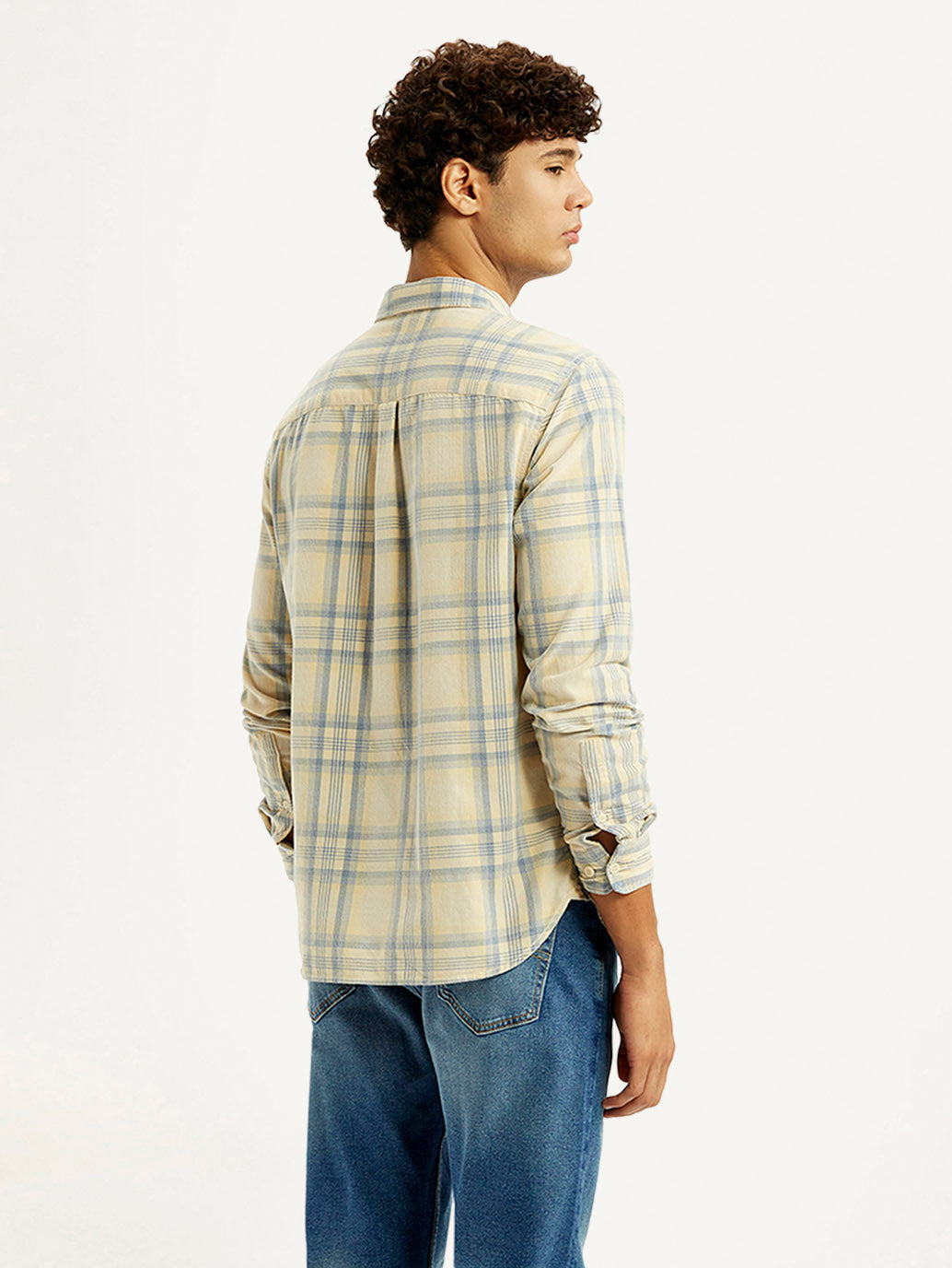 Men's Checkered Light Yellow Slim Fit Corduroy Shirt - Back View