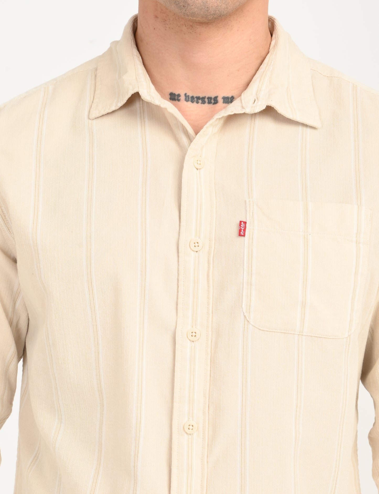 Men's Striped Cream Slim Fit Corduroy Shirt - deatil View