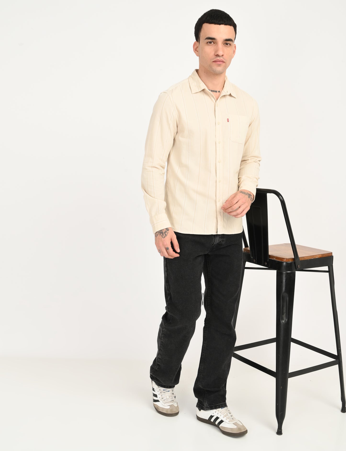 Men's Striped Cream Slim Fit Corduroy Shirt - 6 View