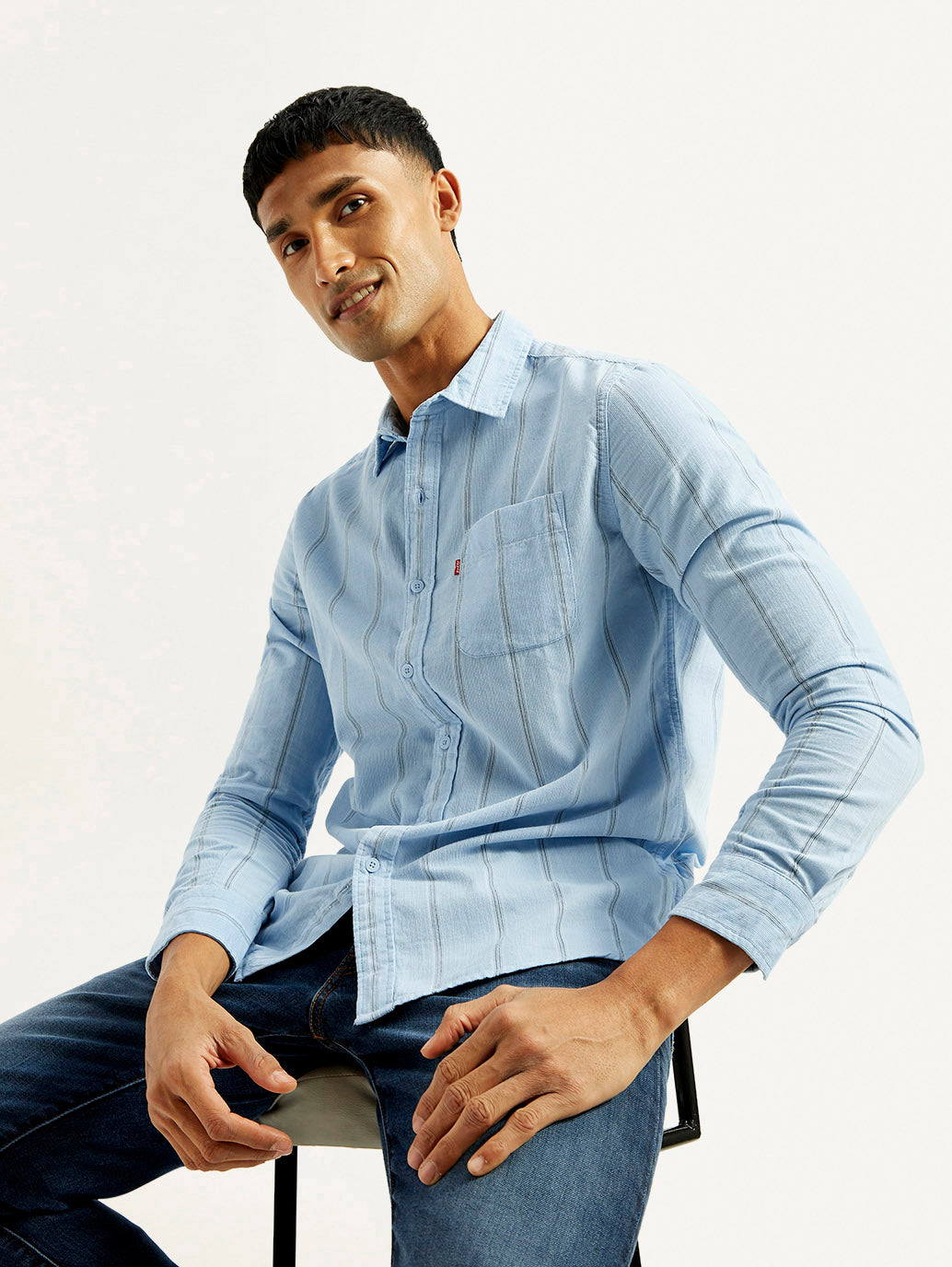Men's Striped Light Blue Slim Fit Corduroy Shirt