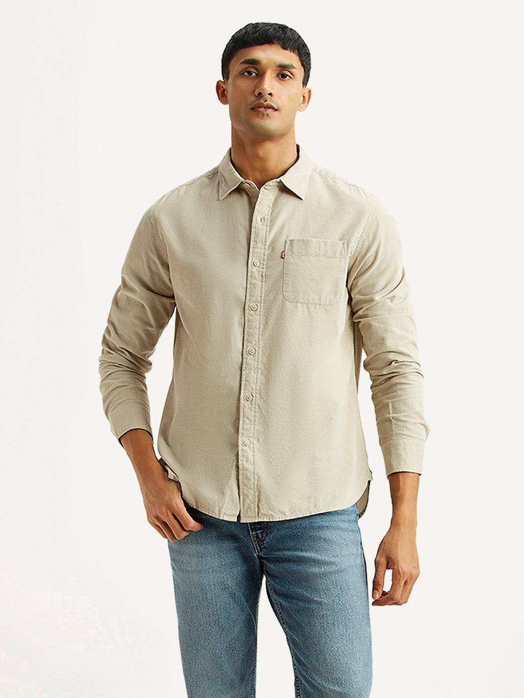 Men's Solid Beige Slim Fit Corduroy Shirt - Styleshot View
