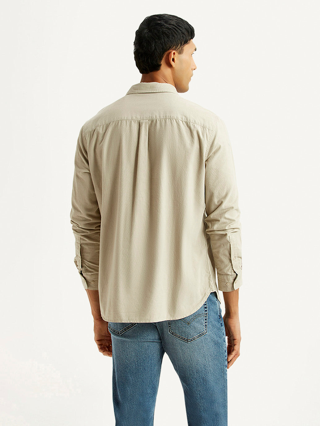 Men's Solid Beige Slim Fit Corduroy Shirt - Back View