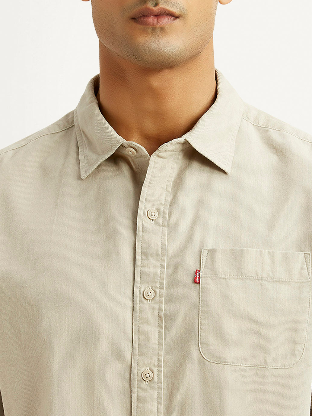Men's Solid Beige Slim Fit Corduroy Shirt - Detail View
