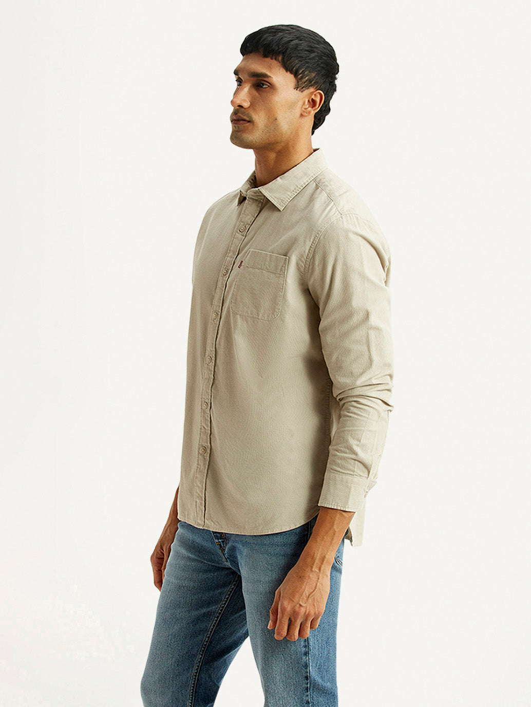 Men's Solid Beige Slim Fit Corduroy Shirt - Side View