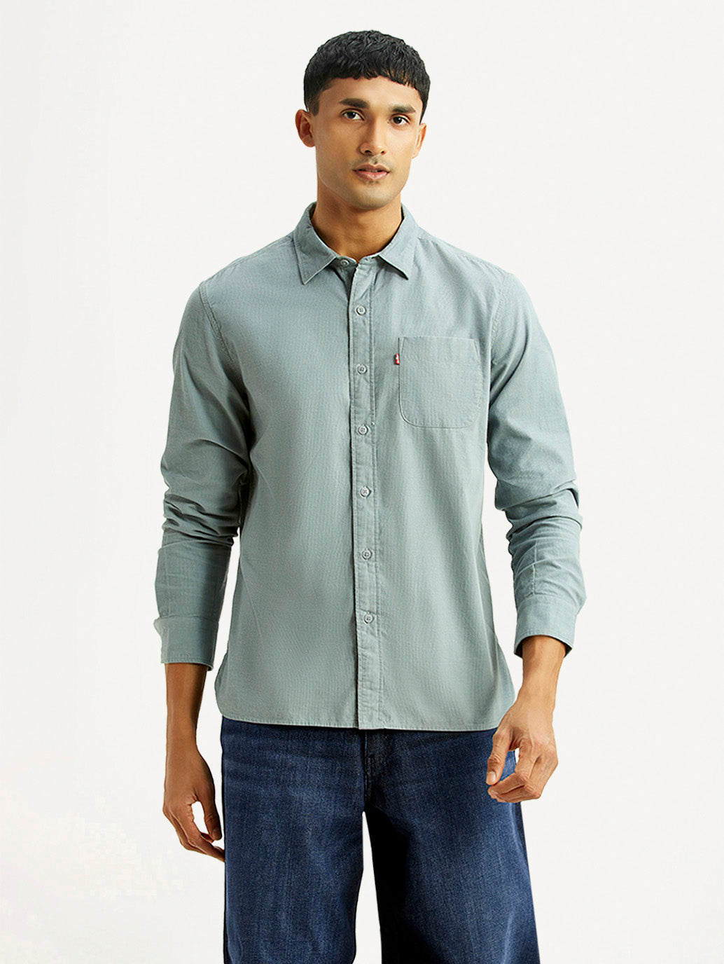 Men's Solid Light Blue Slim Fit Corduroy Shirt