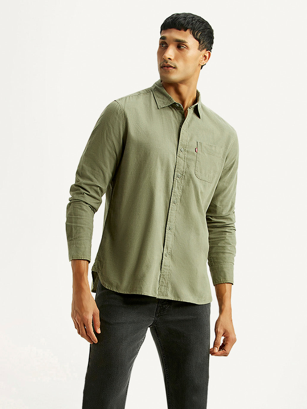 Men's Solid Olive Slim Fit Corduroy Shirt - Styleshot View