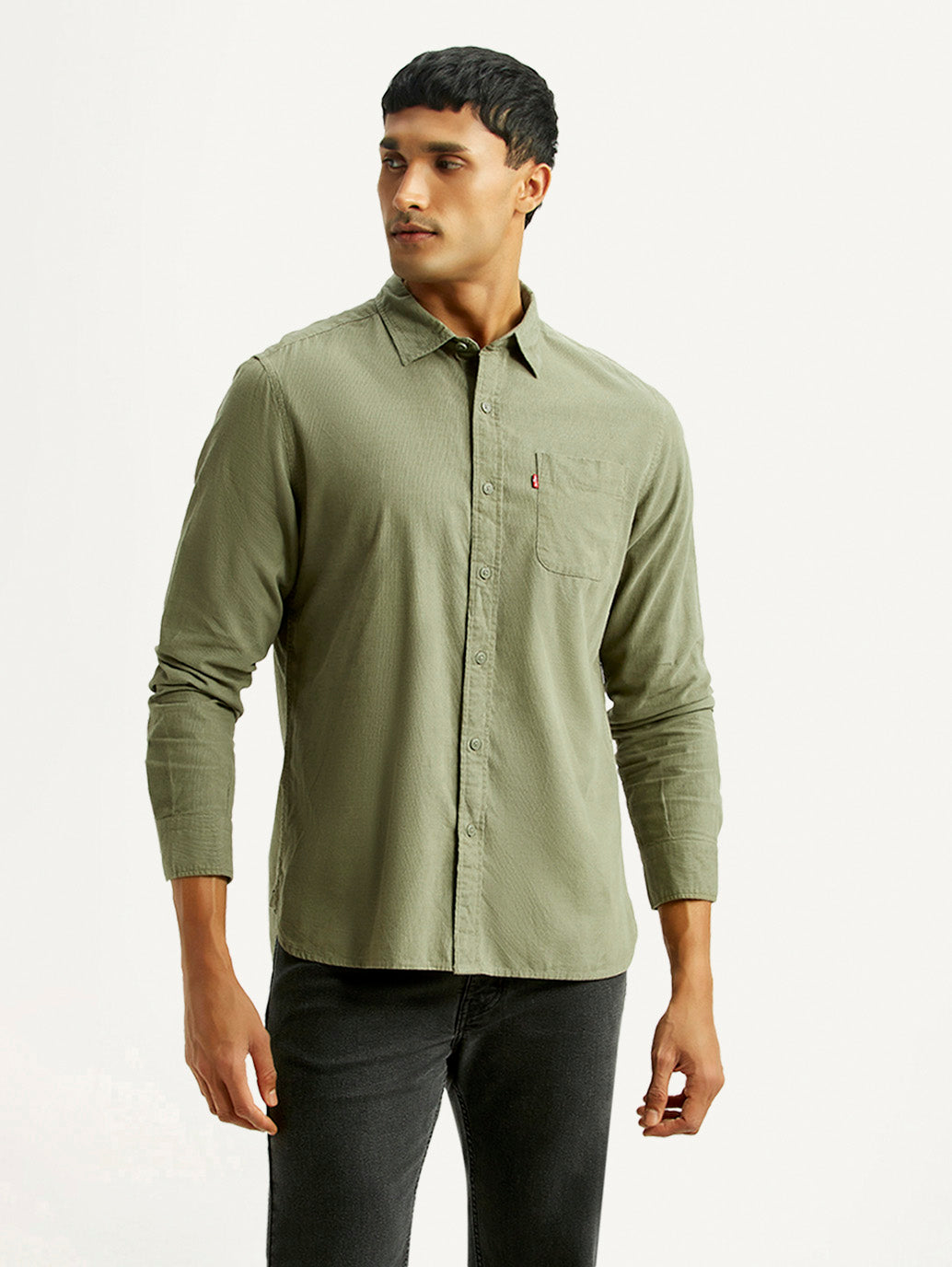 Men's Solid Olive Slim Fit Corduroy Shirt - Front View