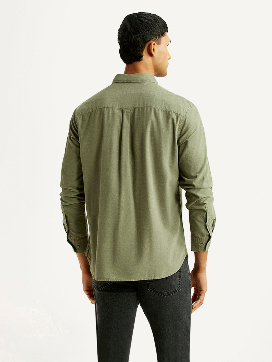 Men's Solid Olive Slim Fit Corduroy Shirt - Back View