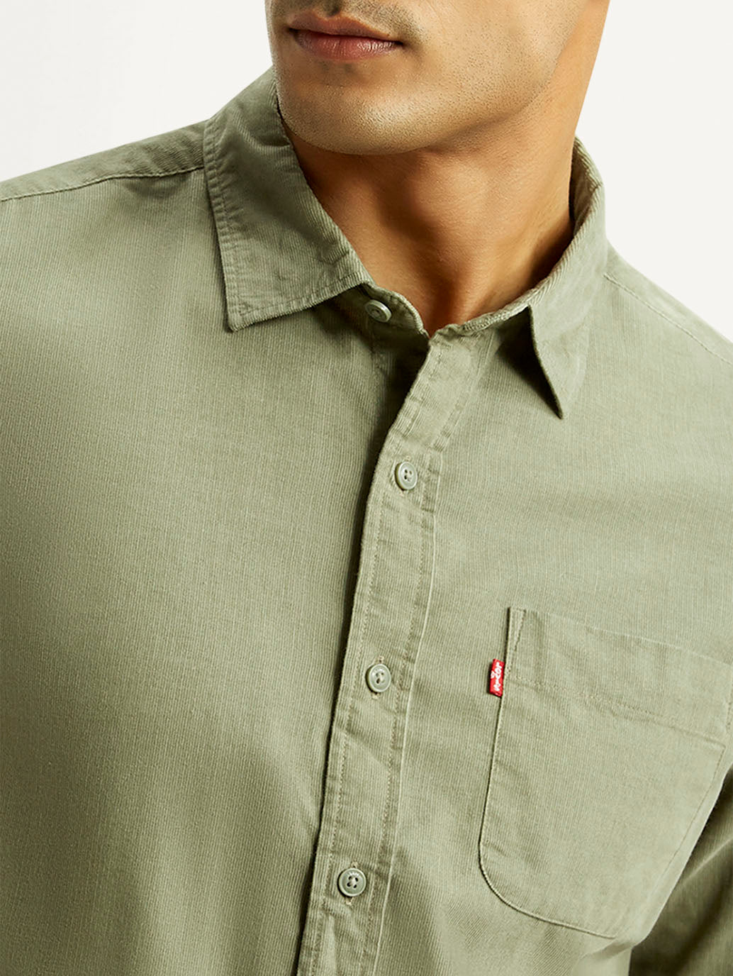 Men's Solid Olive Slim Fit Corduroy Shirt - Detail View
