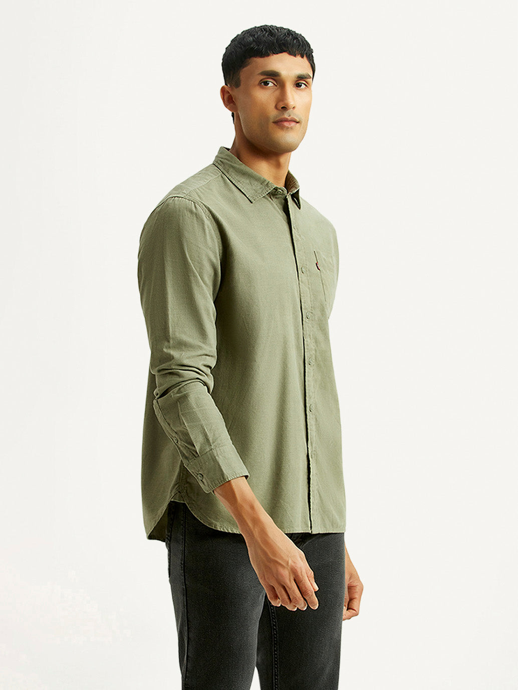 Men's Solid Olive Slim Fit Corduroy Shirt - Side View