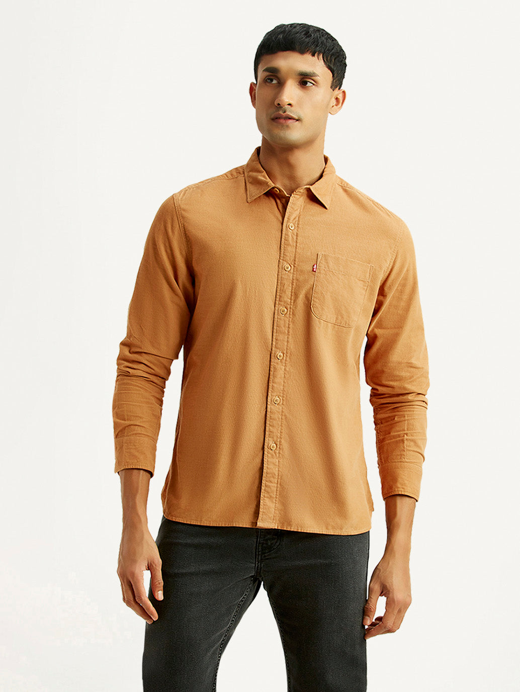 Men's Solid Tan Slim Fit Corduroy Shirt - Front View