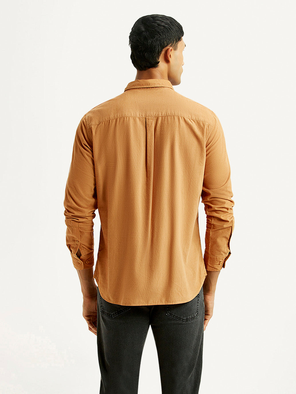 Men's Solid Tan Slim Fit Corduroy Shirt - Back View