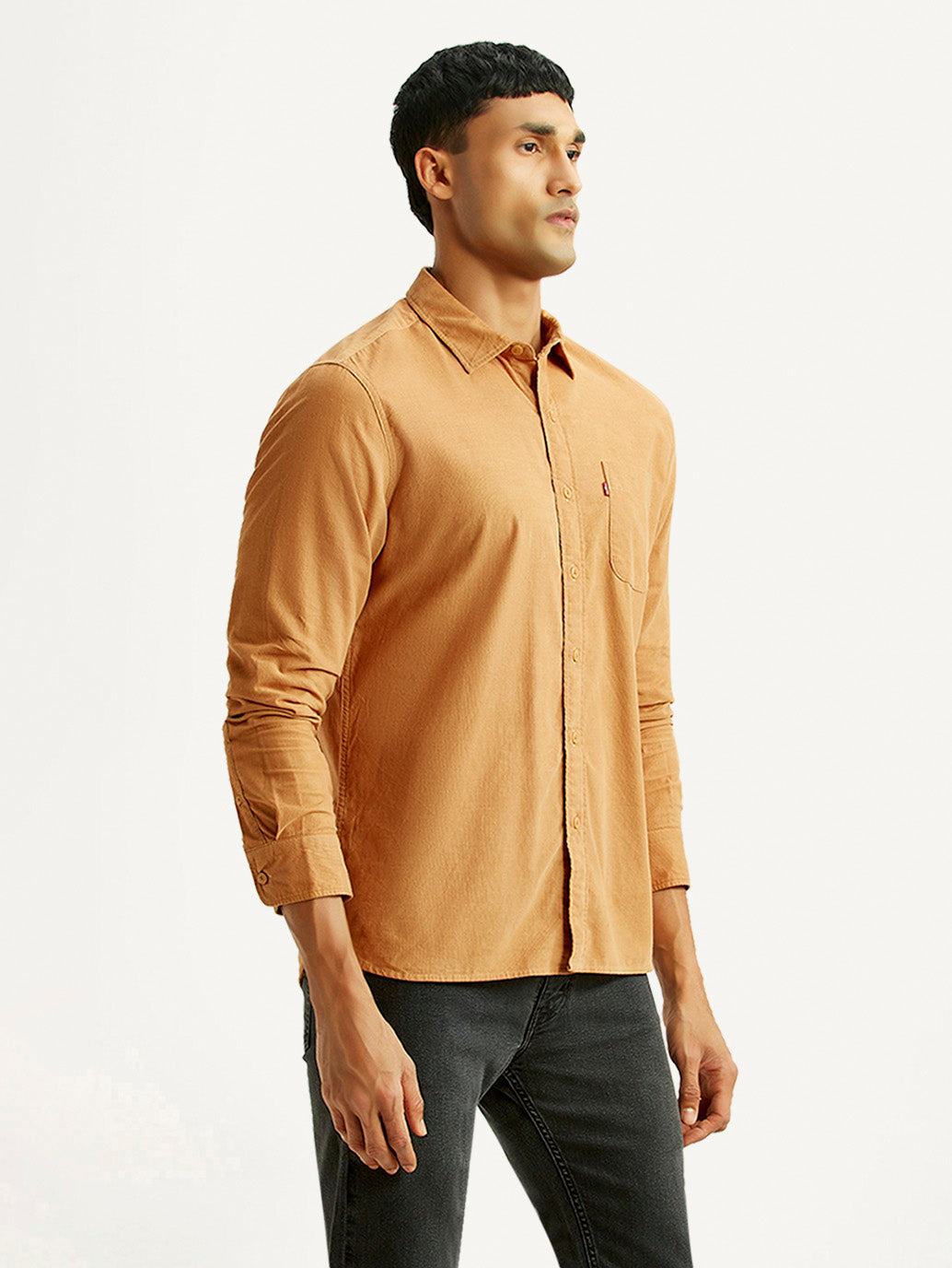 Men's Solid Tan Slim Fit Corduroy Shirt - Side View