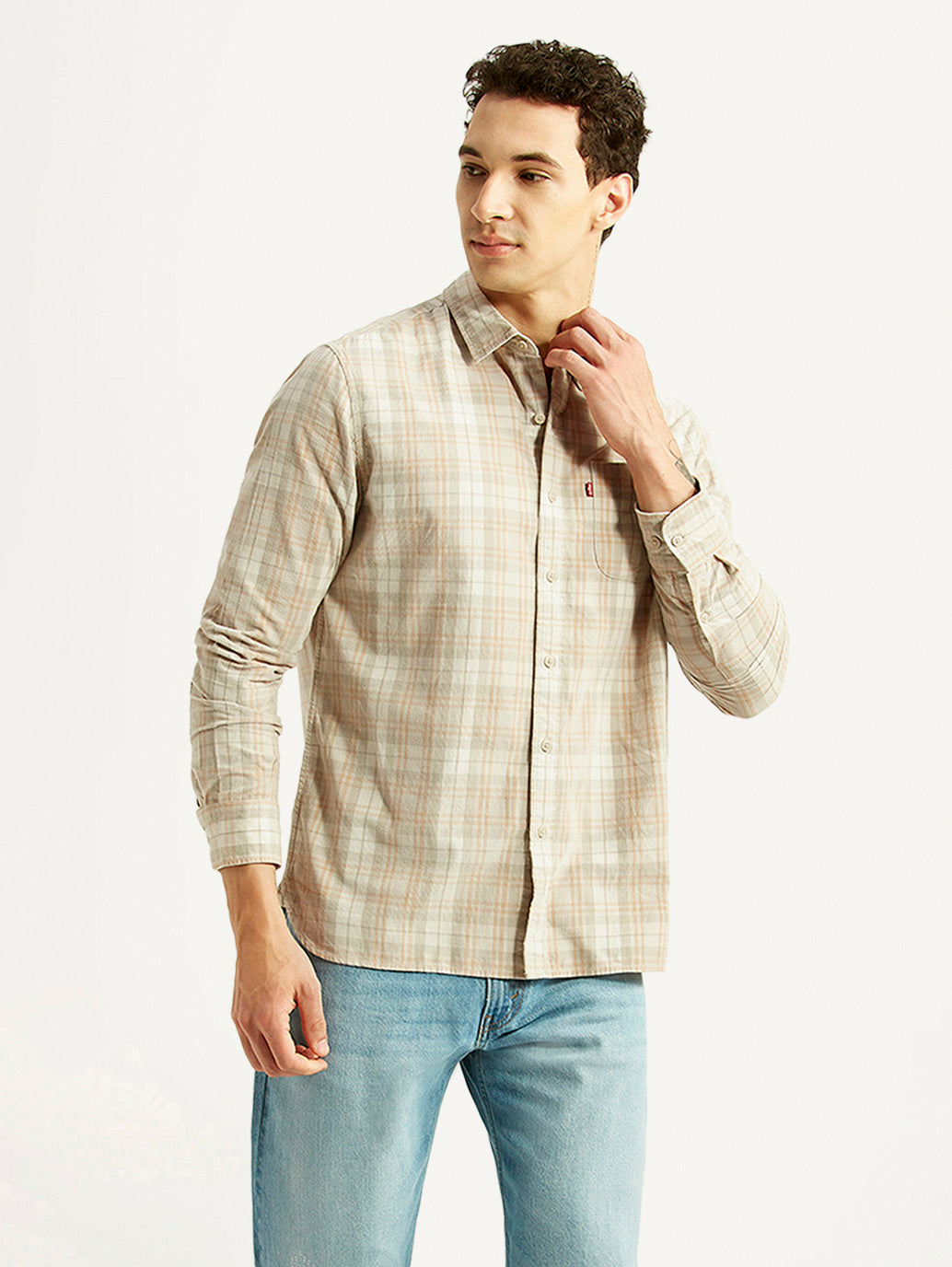 Men's Checkered Beige Slim Fit Corduroy Shirt