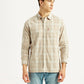 Men's Checkered Beige Slim Fit Corduroy Shirt - Front View