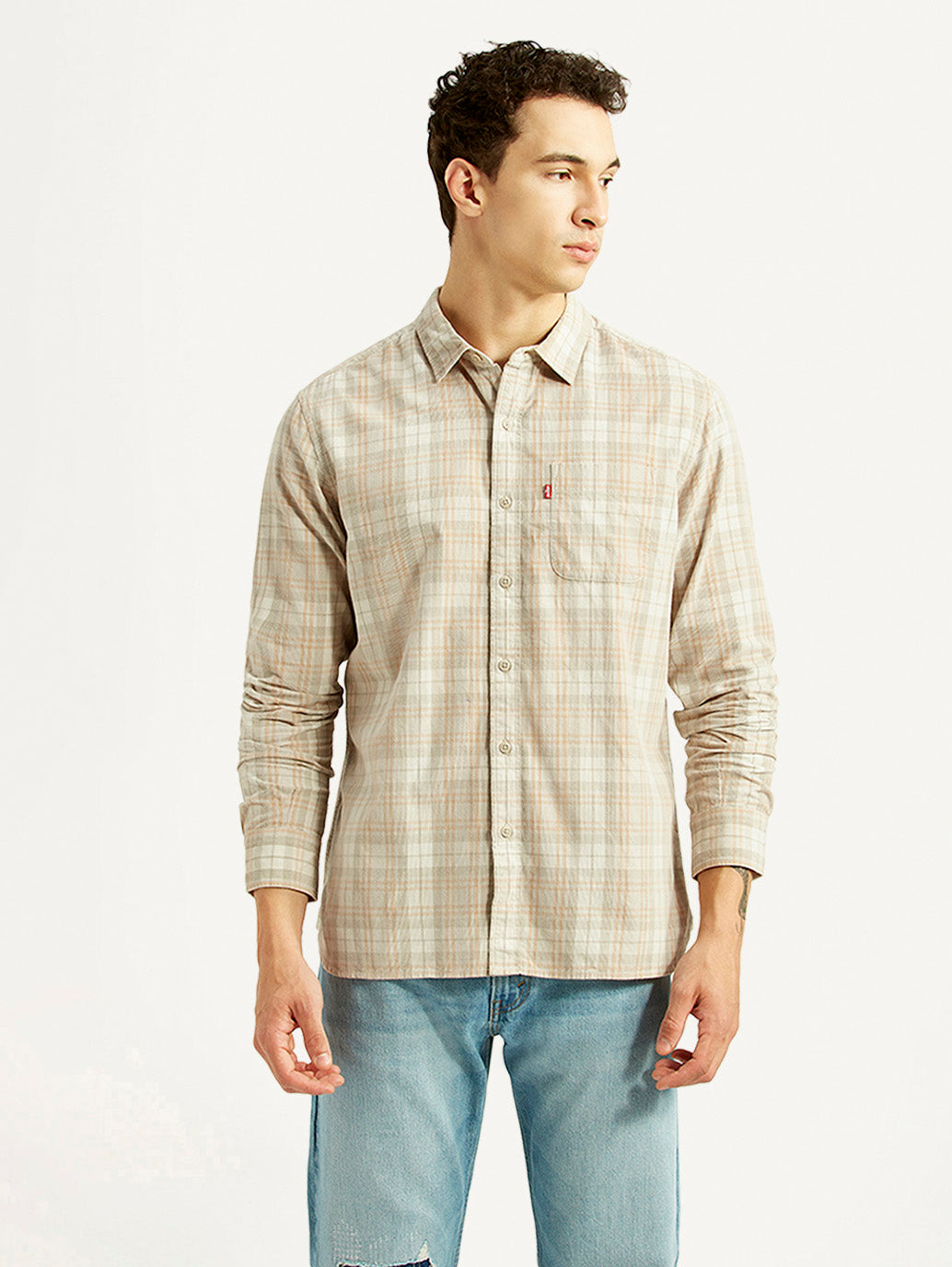 Men's Checkered Beige Slim Fit Corduroy Shirt - Front View
