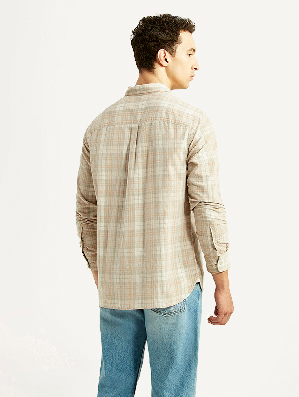 Men's Checkered Beige Slim Fit Corduroy Shirt - Back View
