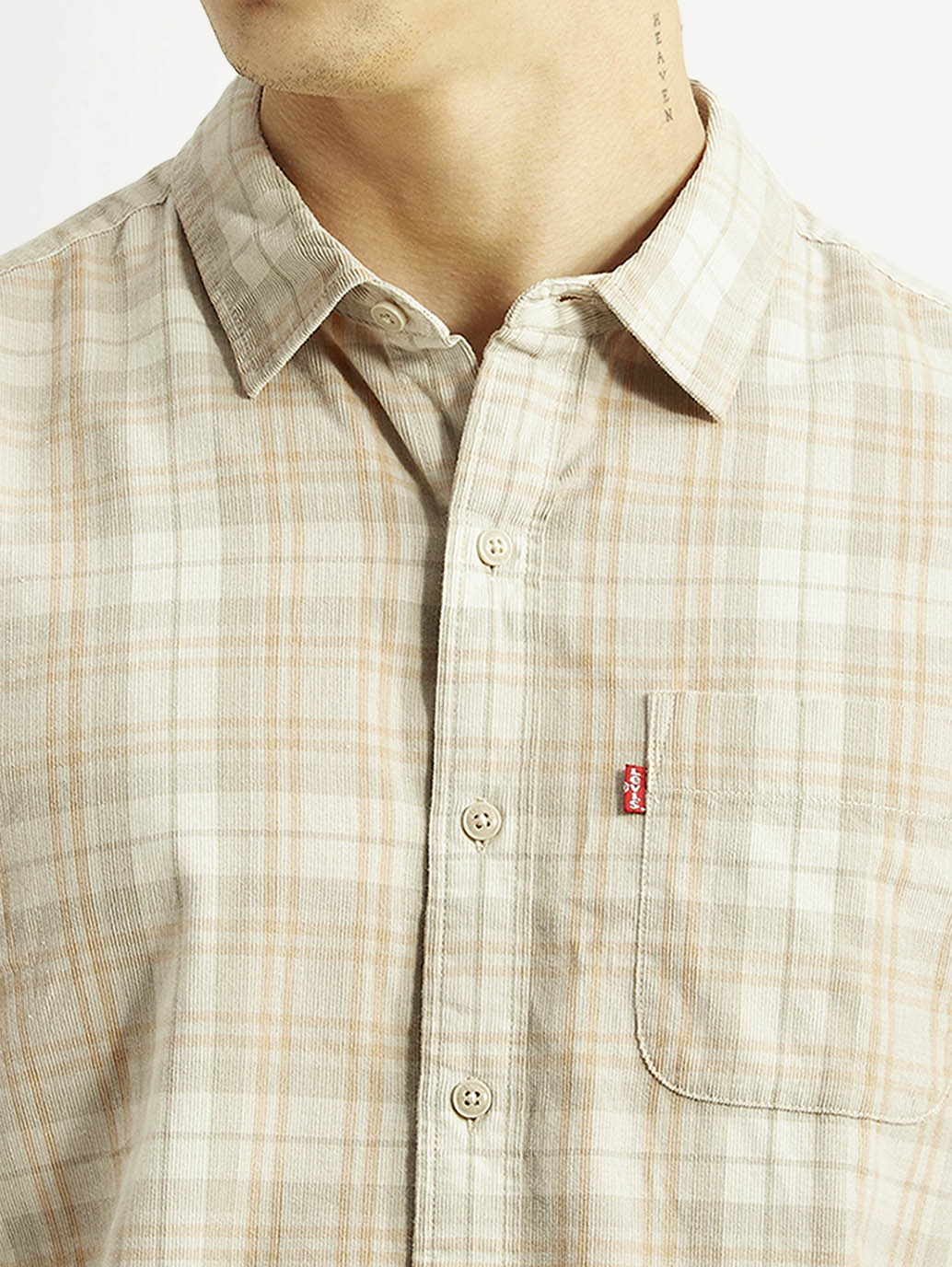 Men's Checkered Beige Slim Fit Corduroy Shirt - Detail View