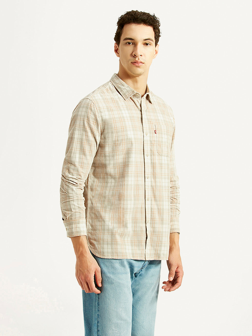 Men's Checkered Beige Slim Fit Corduroy Shirt - Side View