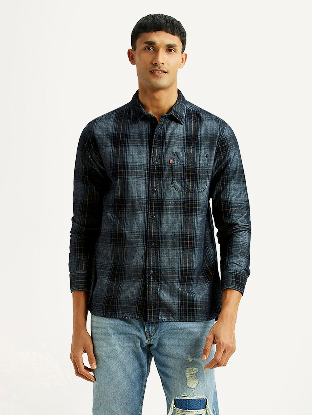 Men's Checkered Blue Slim Fit Corduroy Shirt