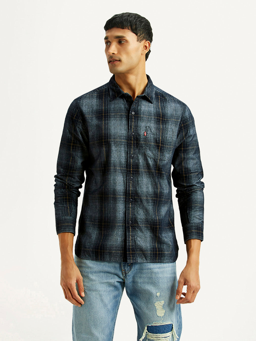 Men's Checkered Blue Slim Fit Corduroy Shirt - Front View