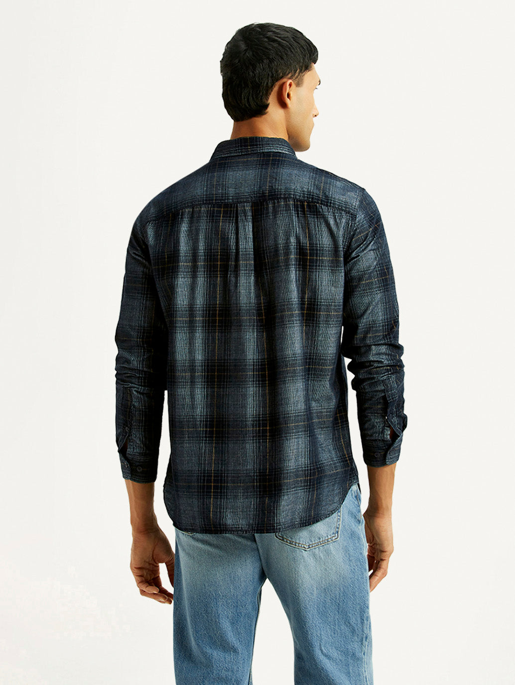 Men's Checkered Blue Slim Fit Corduroy Shirt - Back View
