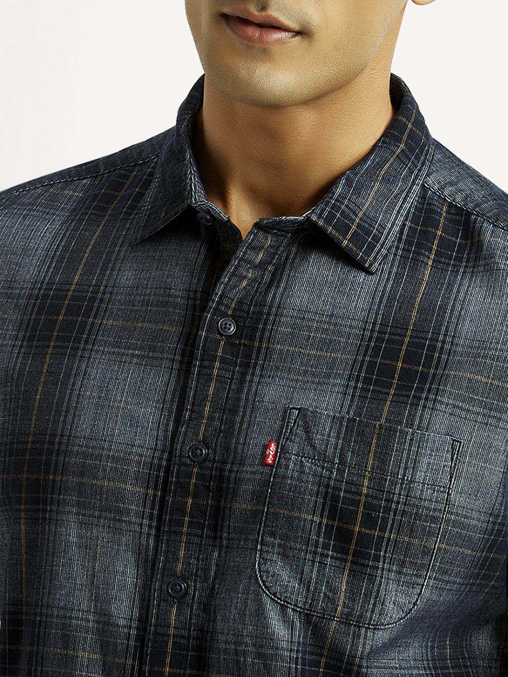 Men's Checkered Blue Slim Fit Corduroy Shirt - Detail View