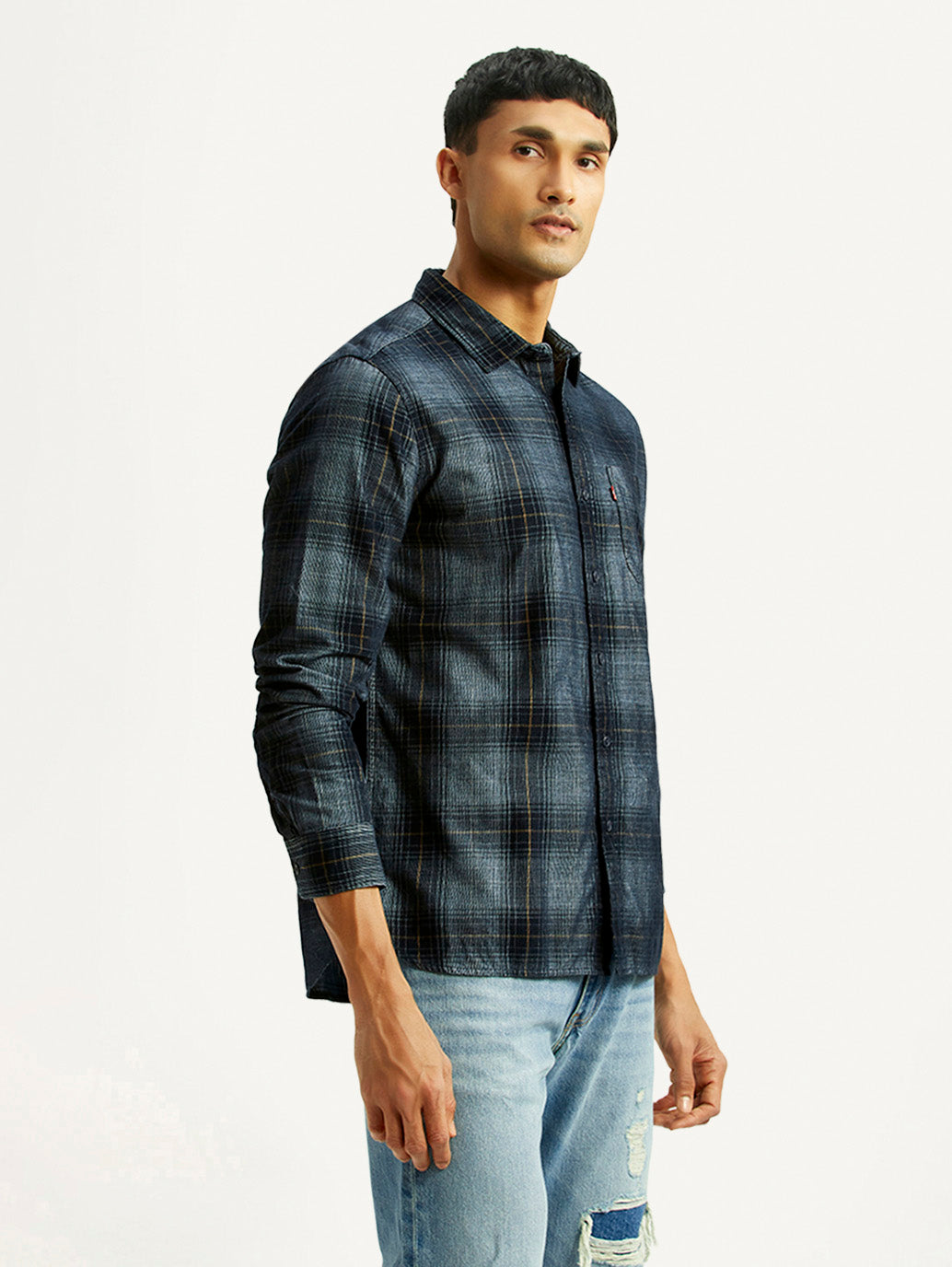 Men's Checkered Blue Slim Fit Corduroy Shirt - Side View