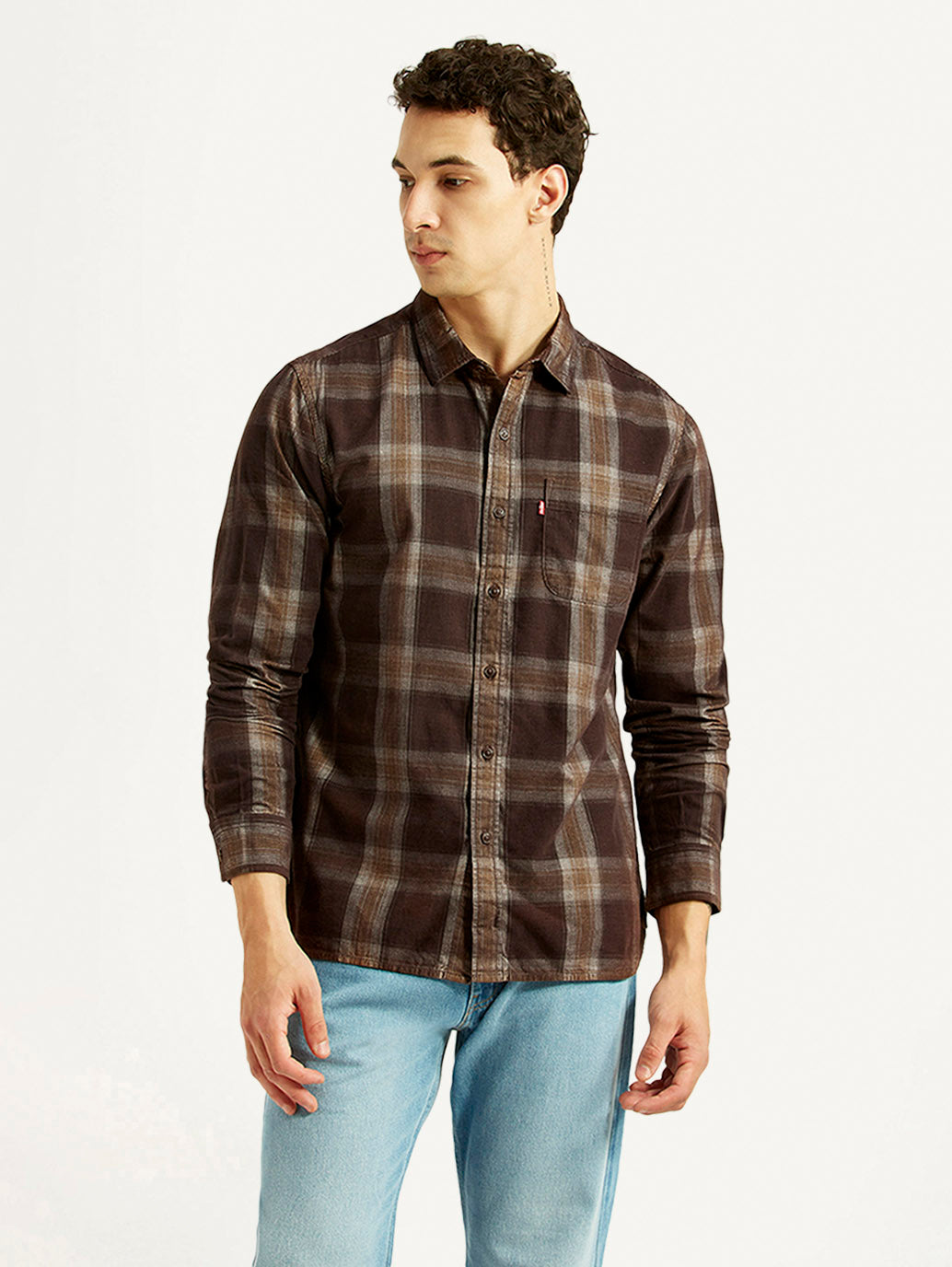 Men's Checkered Brown Slim Fit Corduroy Shirt - Front View