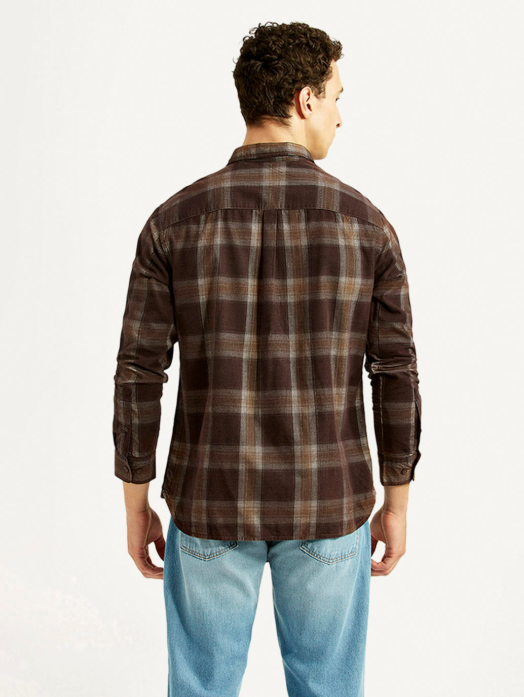 Men's Checkered Brown Slim Fit Corduroy Shirt - Back View
