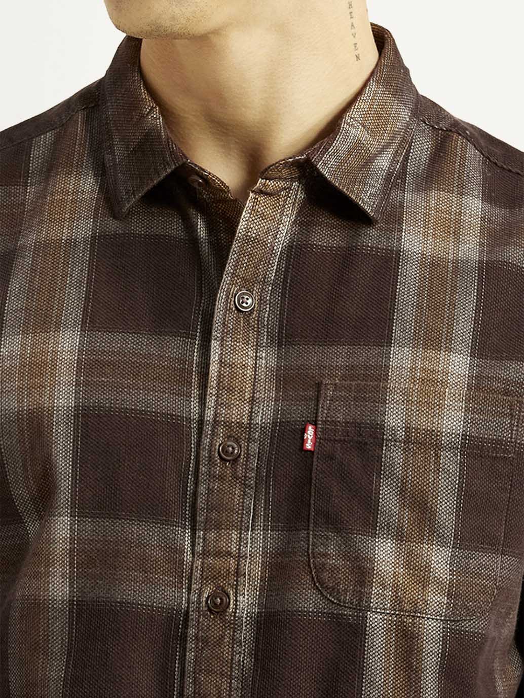 Men's Checkered Brown Slim Fit Corduroy Shirt - Detail View
