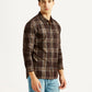 Men's Checkered Brown Slim Fit Corduroy Shirt - Side View